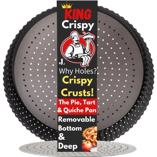 King Crispy's Pie Pan, Tart Pan & Quiche Pan 9 Inch With Perforated Holes For Crispy Crusts & Removable Bottom (Choose Your Size Option Below - Deep Or Shallow)
