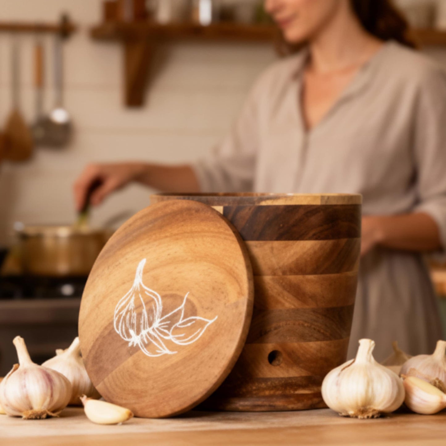 Introducing The Always Fresh Acacia Garlic Keeper For Counter