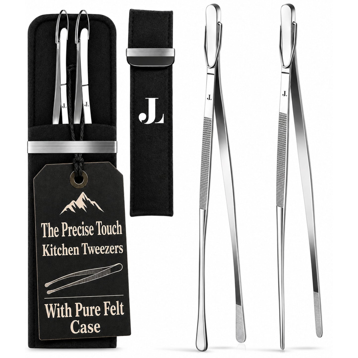 With Pure Felt Pouch. The Precision Touch Premium Kitchen Cooking Tweezers 2PC Set.